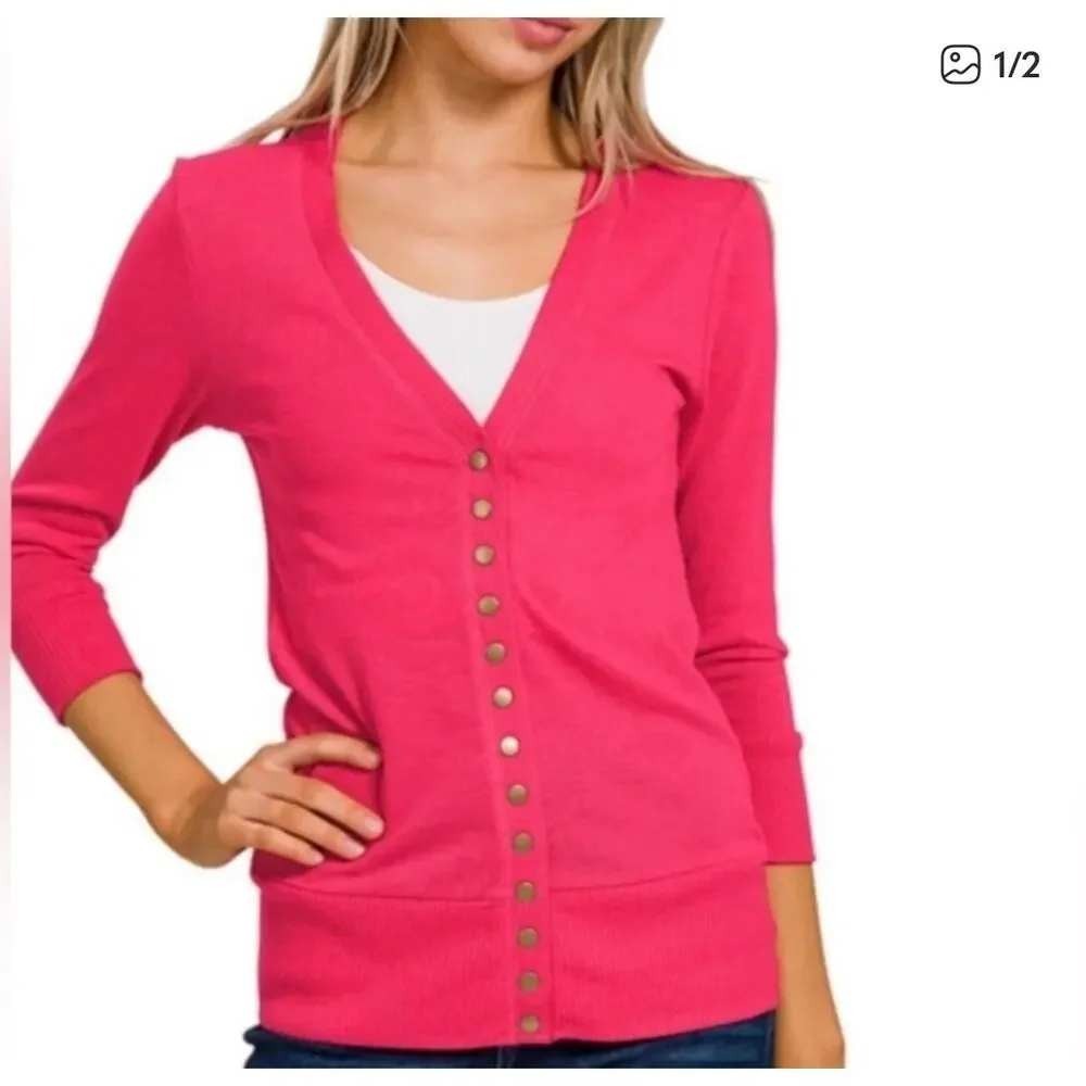 Zenana Outfitters Womens Pink Snap Front Cardigan Sweater V-Neck Ribbed Size M